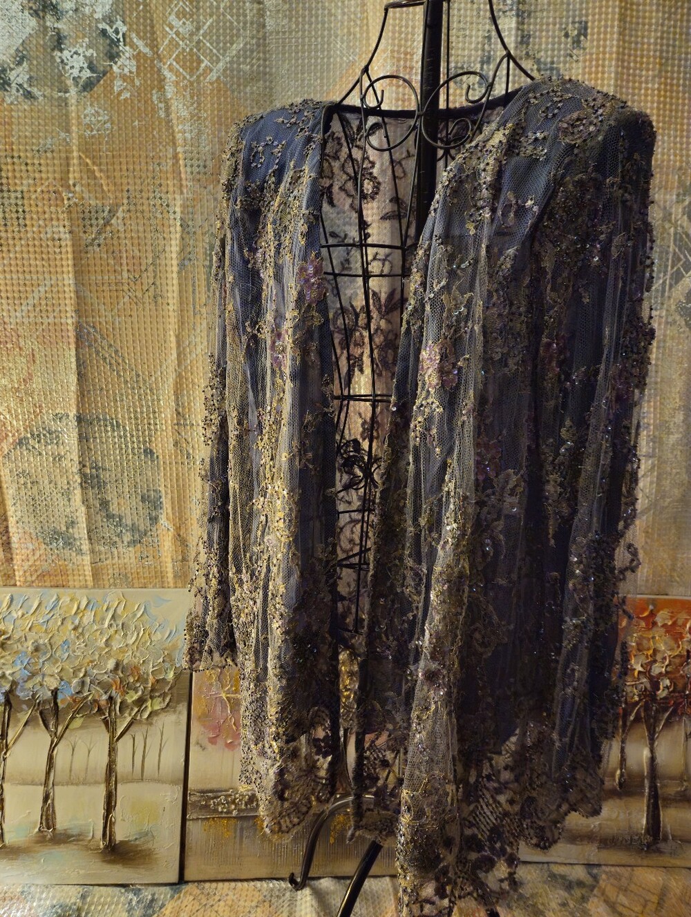 Alta Moda Couture Embellished Beaded Overlay Dress - Navy with Gold Accents